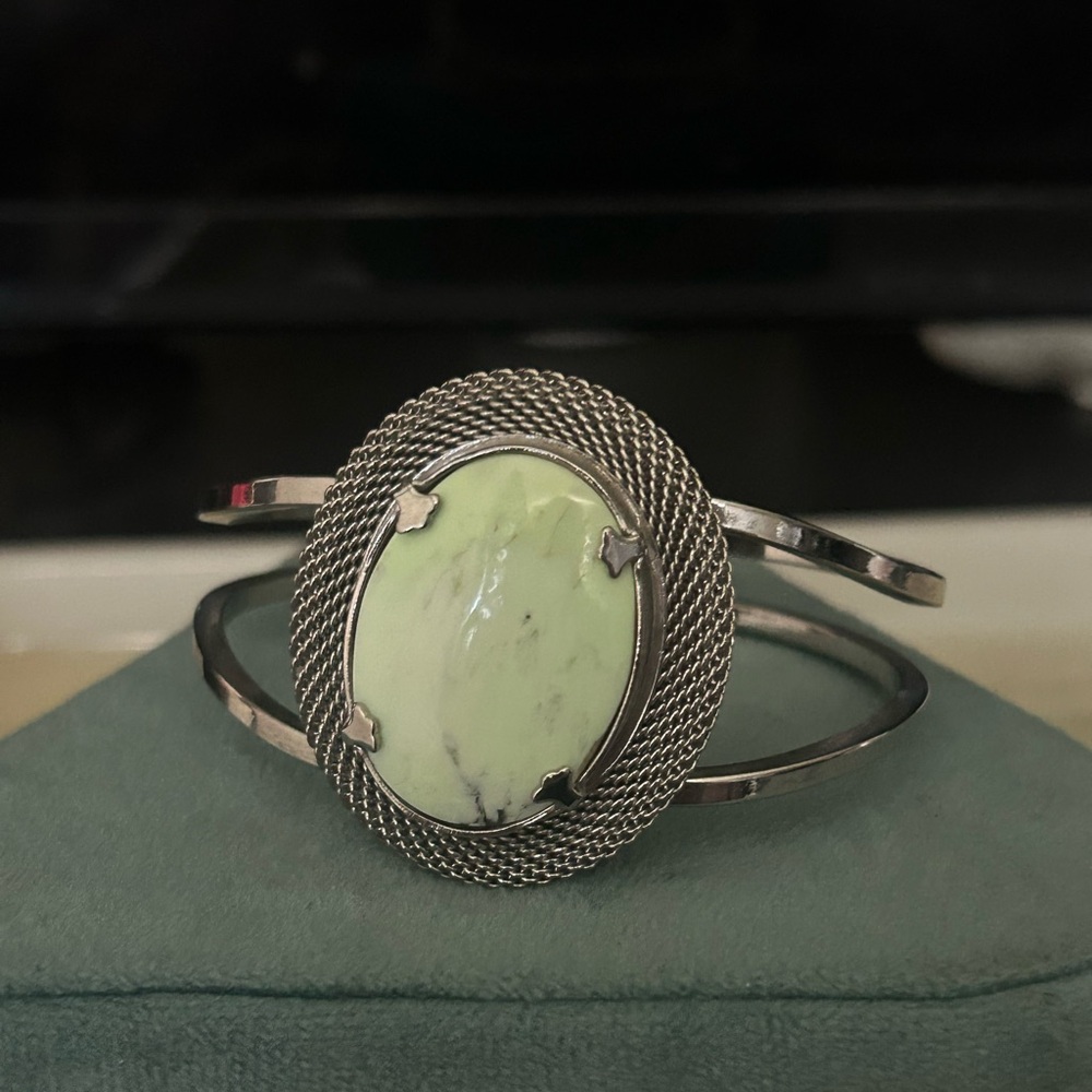 Silver Cuff Bracelet with Light Green Oval Stone